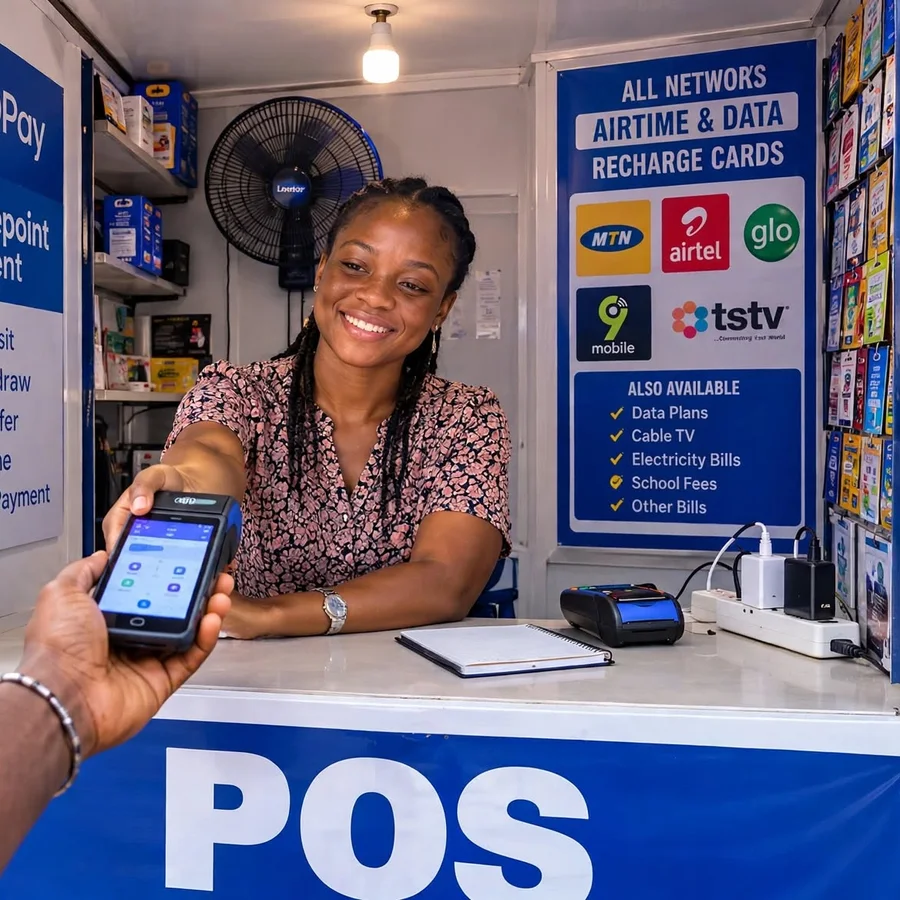 POS agent serving a customer at a kiosk
