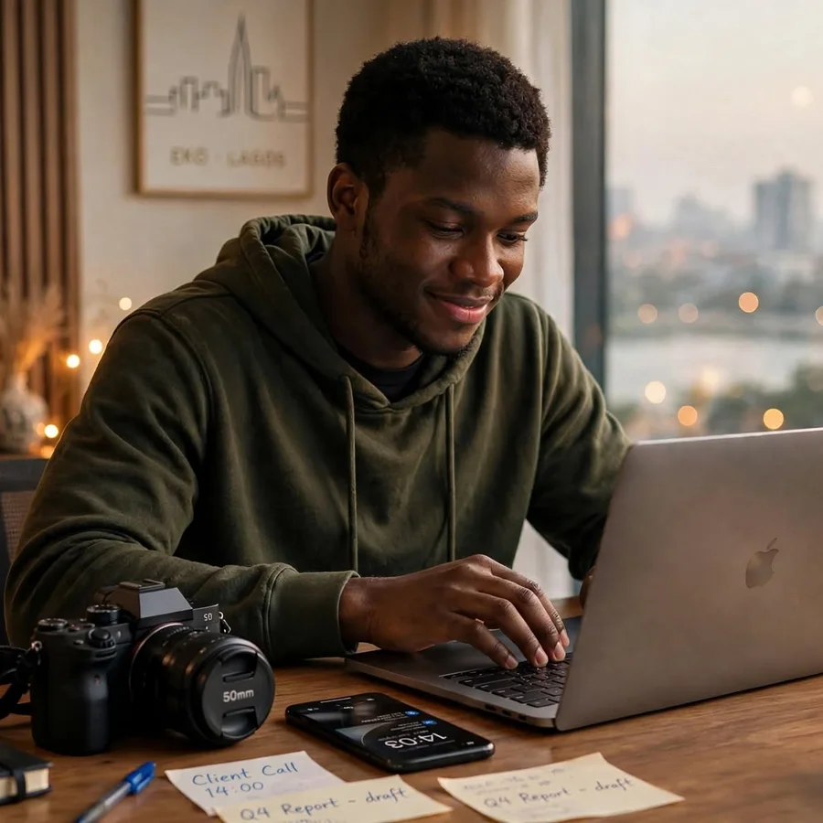Remote worker at a laptop with a ring light